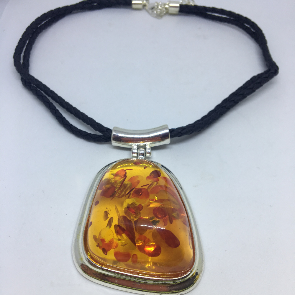 Chunky faux Baltic Amber 3D Pendant Leather Cord